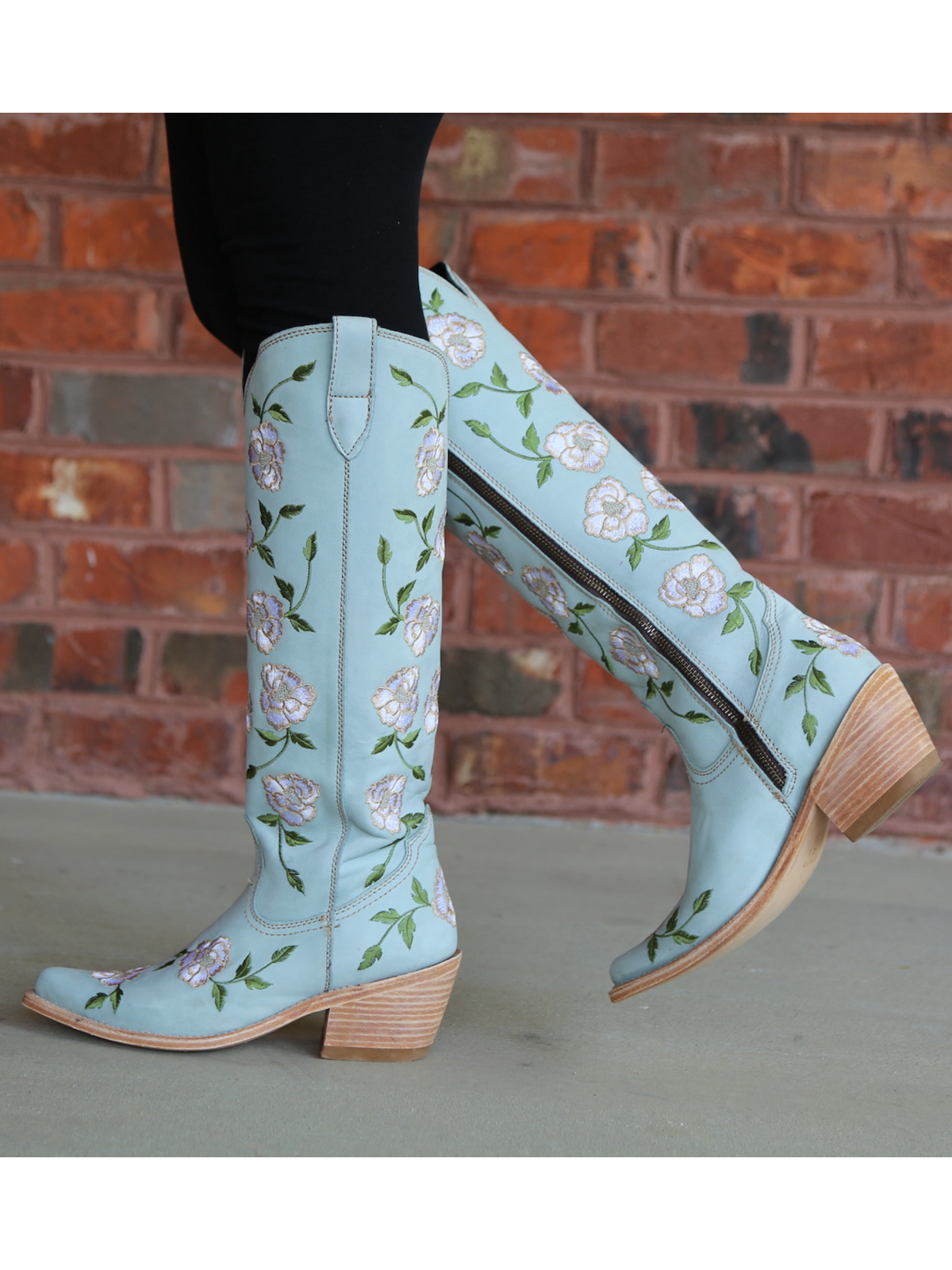 Floral And Leaves Embroidery Almond-Toe Full-Zip Mid Calf Cowgirl Boots - Light Blue