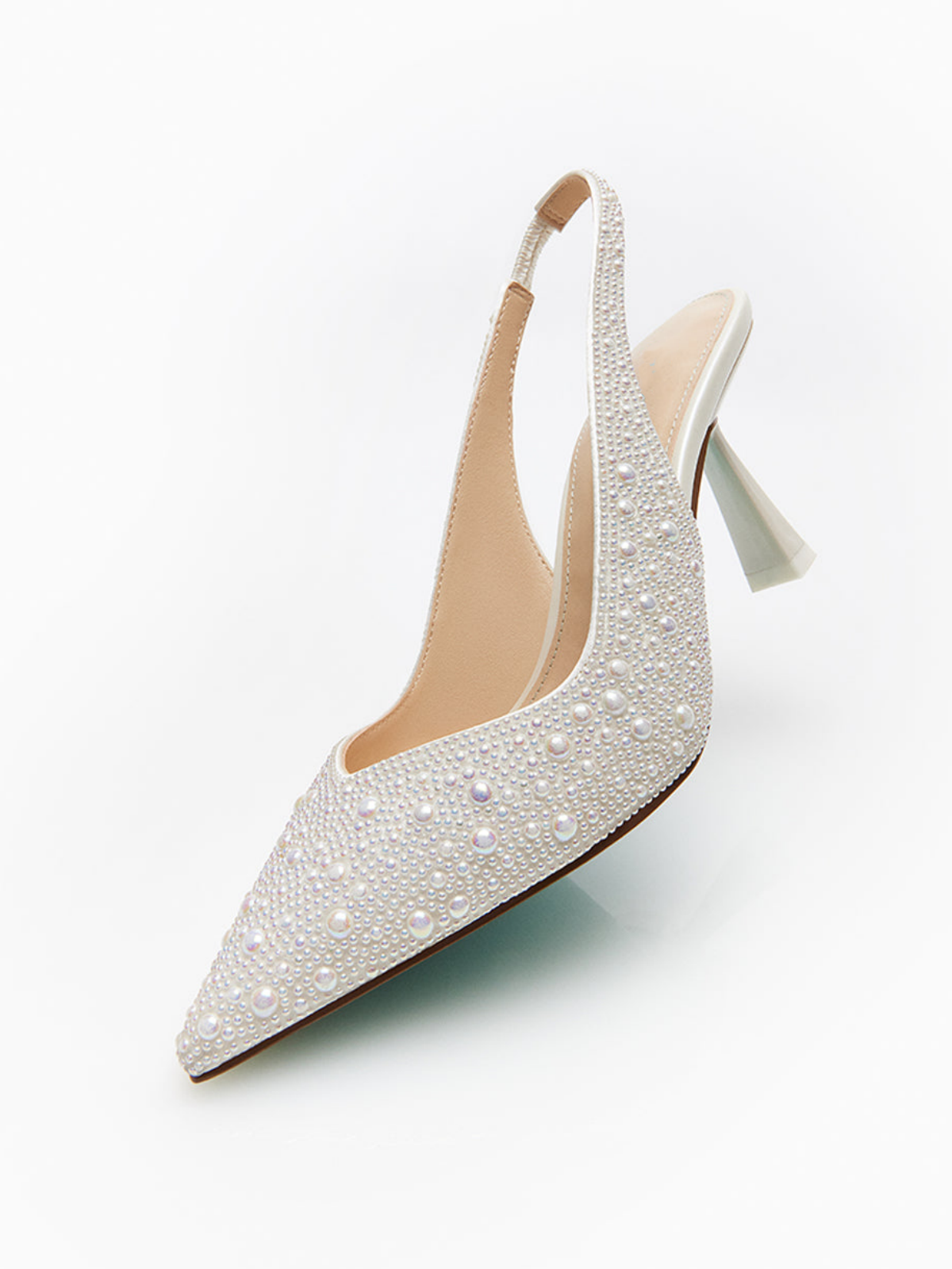 Ivory Faux Suede Pointed-Toe Rhinestone Slingback Kitten Heels