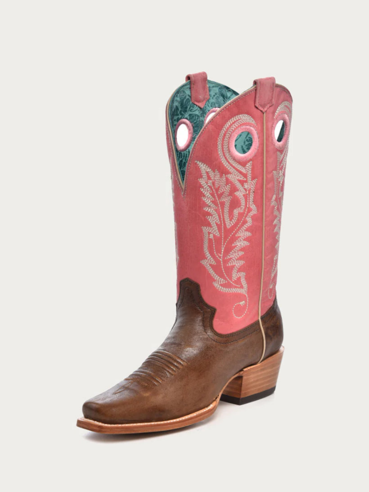 Cut-Out Square-Toe Embroidery Wide Mid Calf Cowgirl Boots - Contrast Brown And Pink