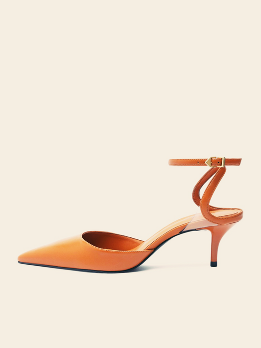 Orange Pointy Kitten Heels Pumps With Ankle Wrap Strap