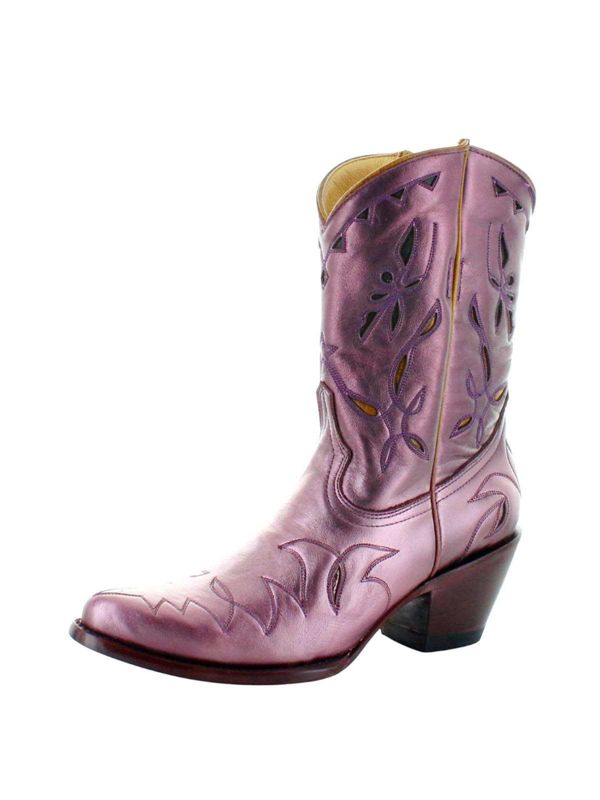 Metallic Almond-Toe Embroidery Inlay Wide Mid Calf Cowgirl Boots - Pink