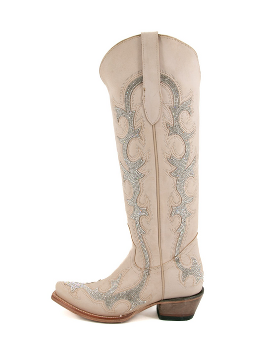 Rhinestone Embroidery Snip-Toe Half-Zip Knee High Tall Cowgirl Boots - Bone