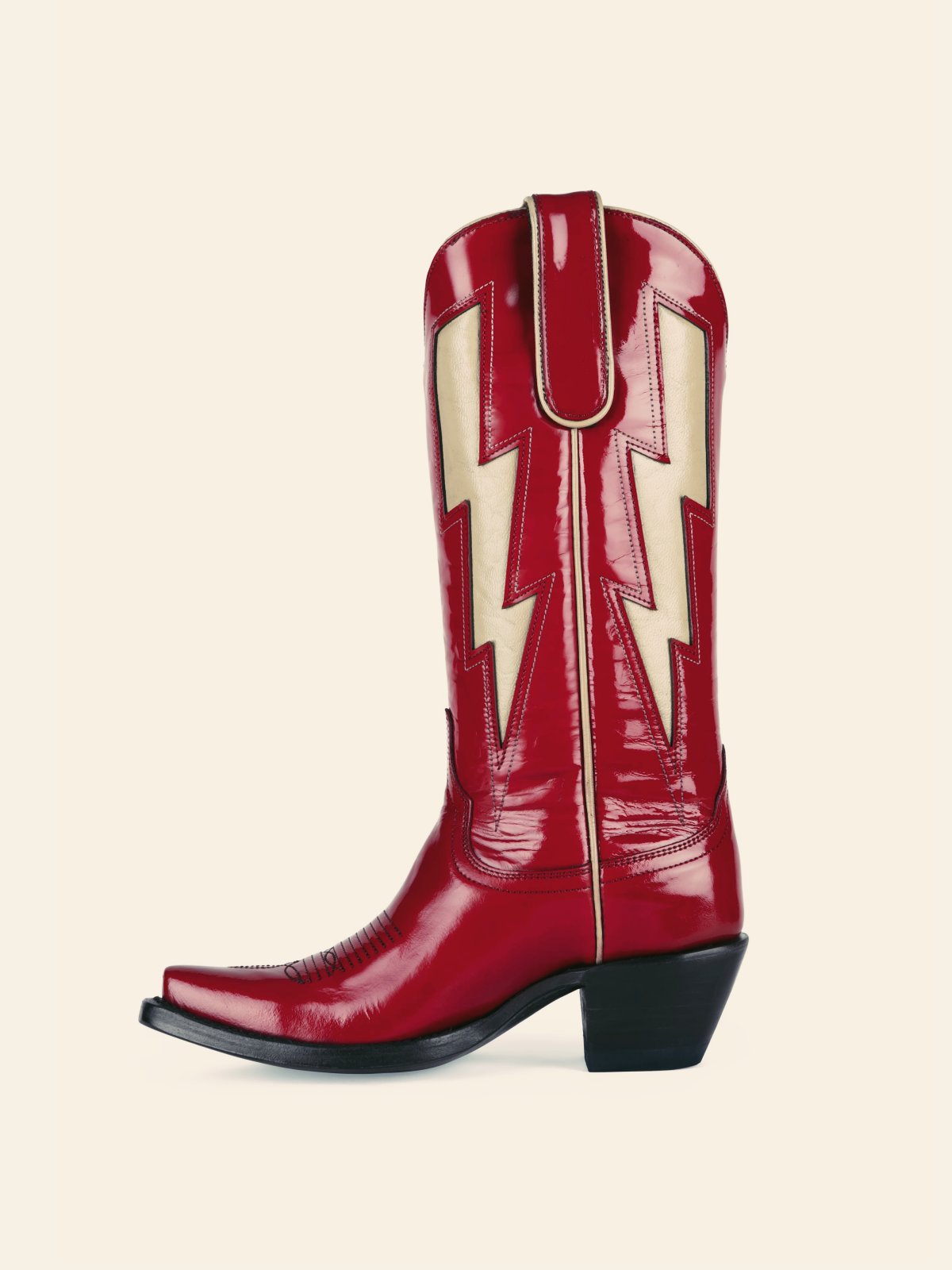 Patent Red Stitch Snip-Toe Wide Calf Tall Cowgirl Boots With Ivory Lightning Inlay