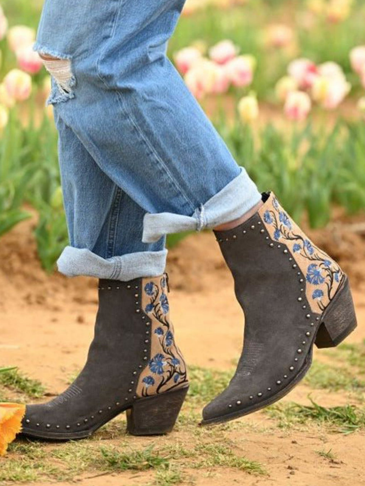 Contrast Dark Gray Faux Suede And Beige With Floral Embroidery Studded Wide Mid Calf Cowgirl Boots