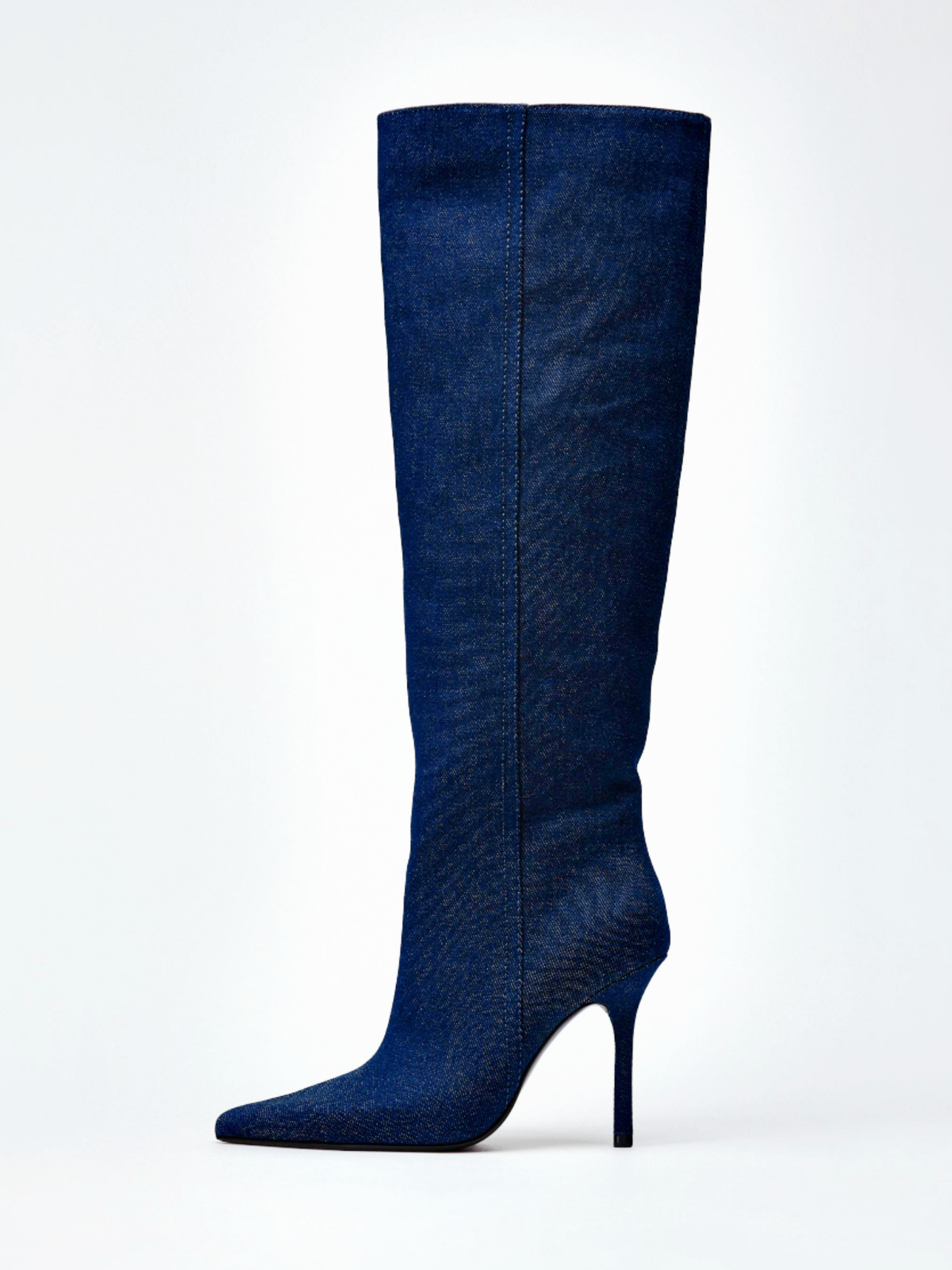 Blue Denim Pointed-Toe Wide Mid Calf Stiletto Boots