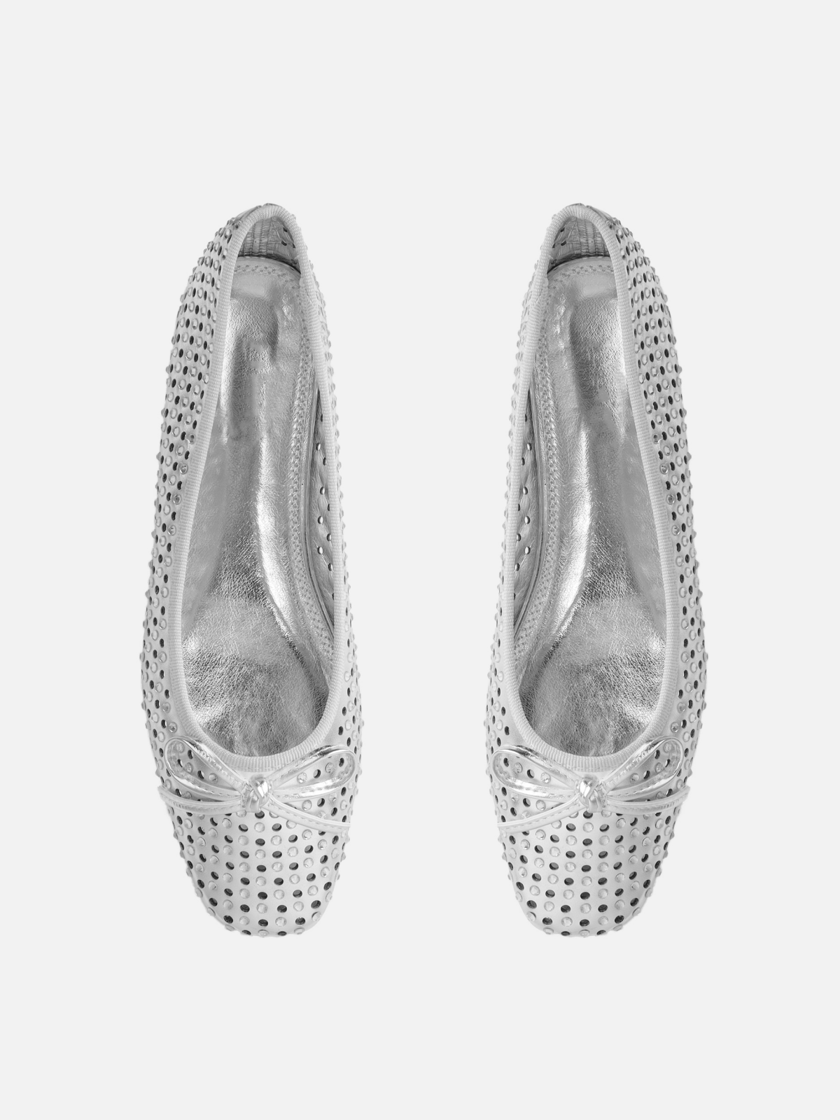 Metallic Silver Shiny Rhinestone Perforations Bow Ballet Flats