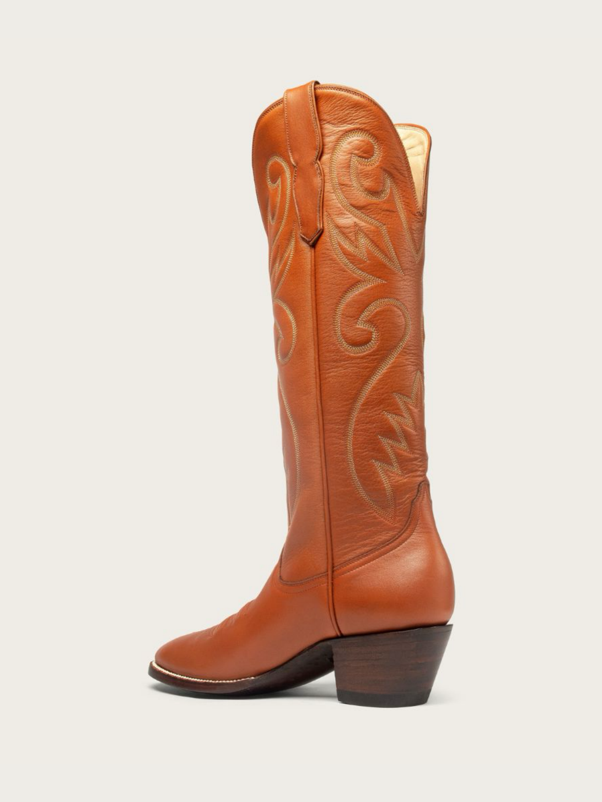 Cinnamon Brown Embroidery Almond-Toe Wide Mid Calf Tall Cowboy Boots For Women