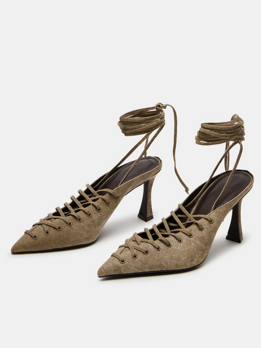 Olive Green Pointed-Toe Lace-Up And Strappy Slingback Pump High Heels