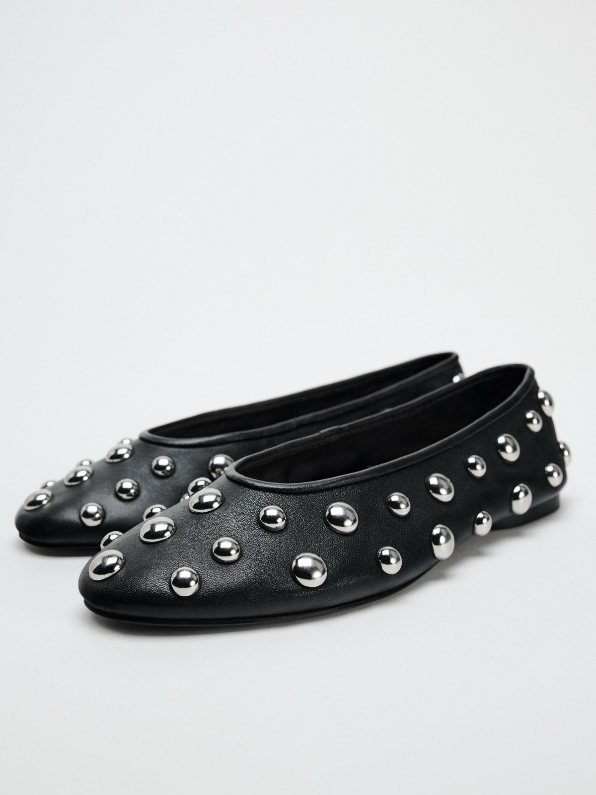 Black Studded Round-Toe Ballet Flats