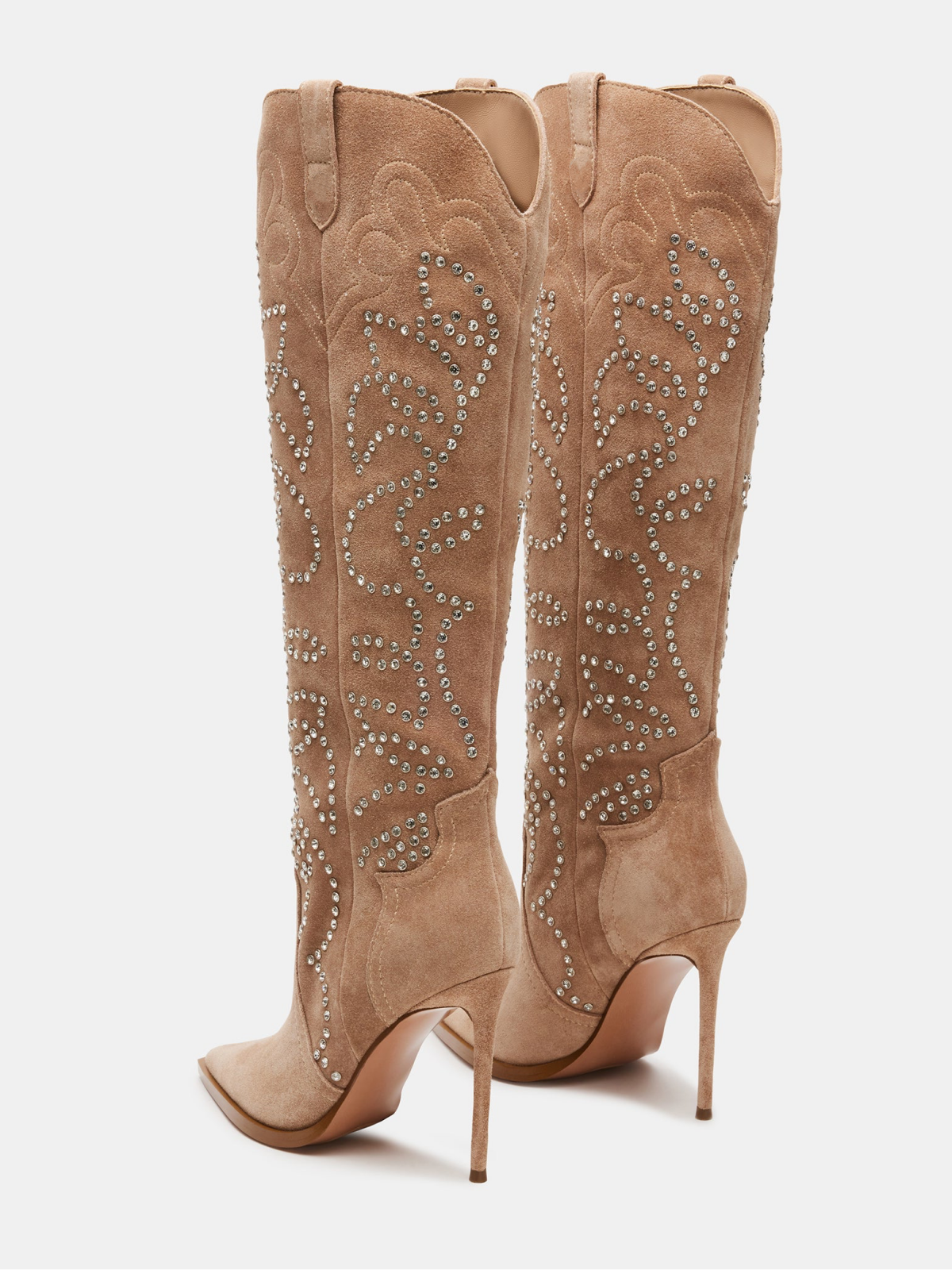 Tan Faux Suede Pointed-Toe Studded Embroidery Wide Mid Calf Stiletto Boots