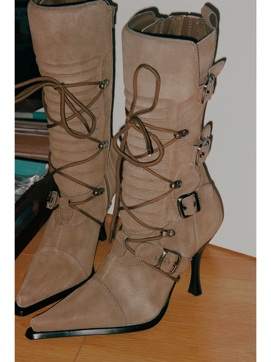 Dark Khaki Full-Zip Lace-Up Mid Calf Moto-Inspired Stiletto Boots With Buckles