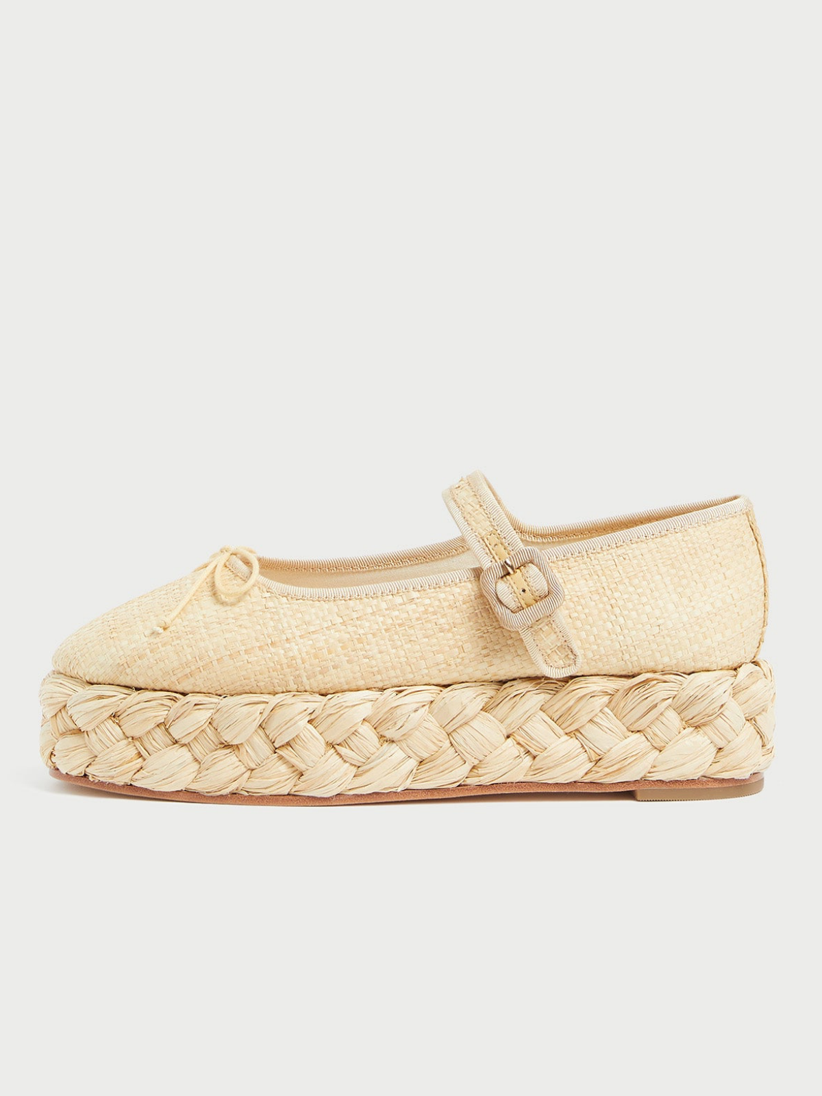 Beige Almond-Toe Adjustable Bridge Strap Bow Espadrille Mary Janes Flats