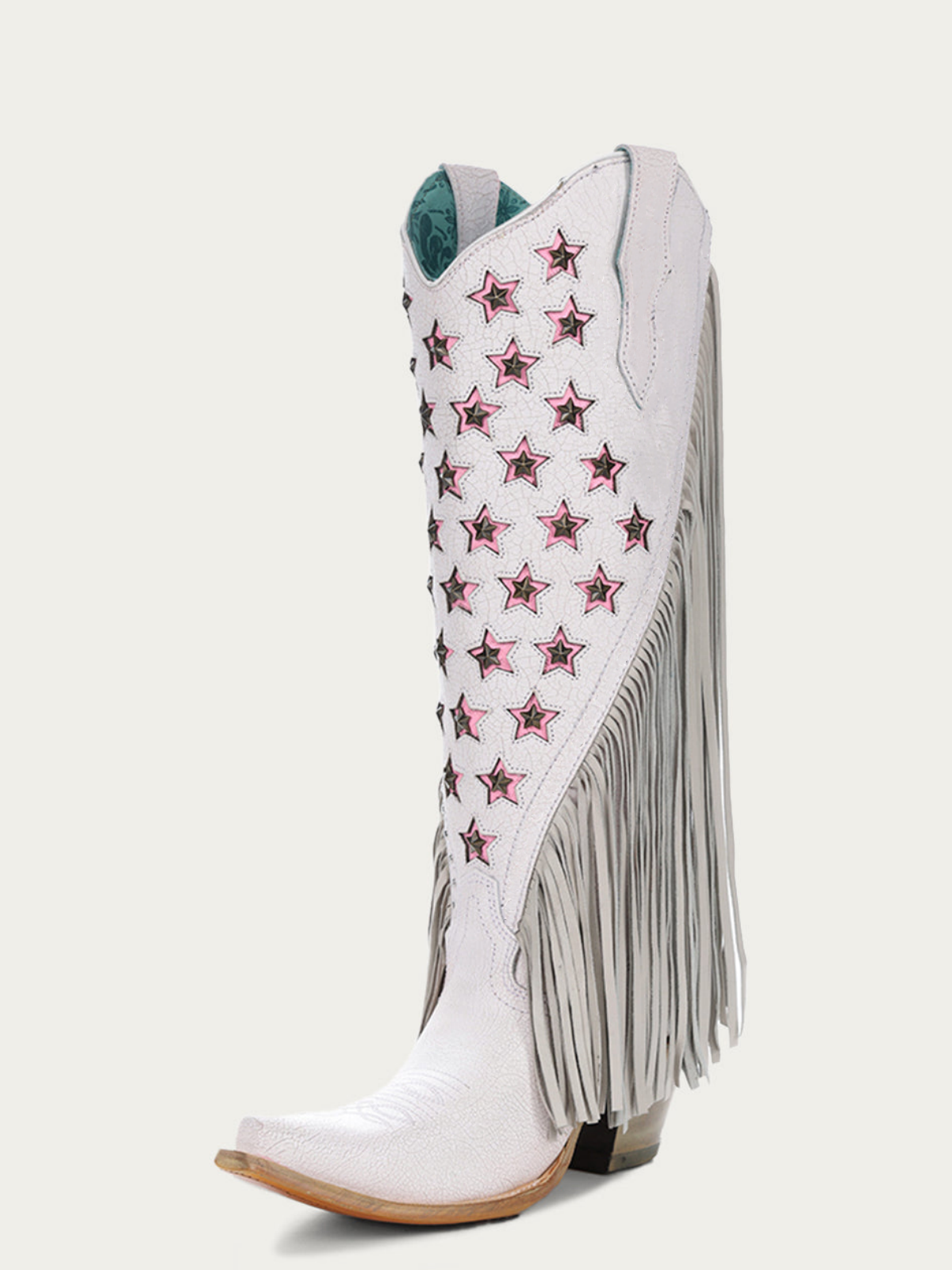 White Crinkle Star Studs Pink Inlay Fringe Snip-Toe Wide Mid Calf Tall Cowgirl Boots