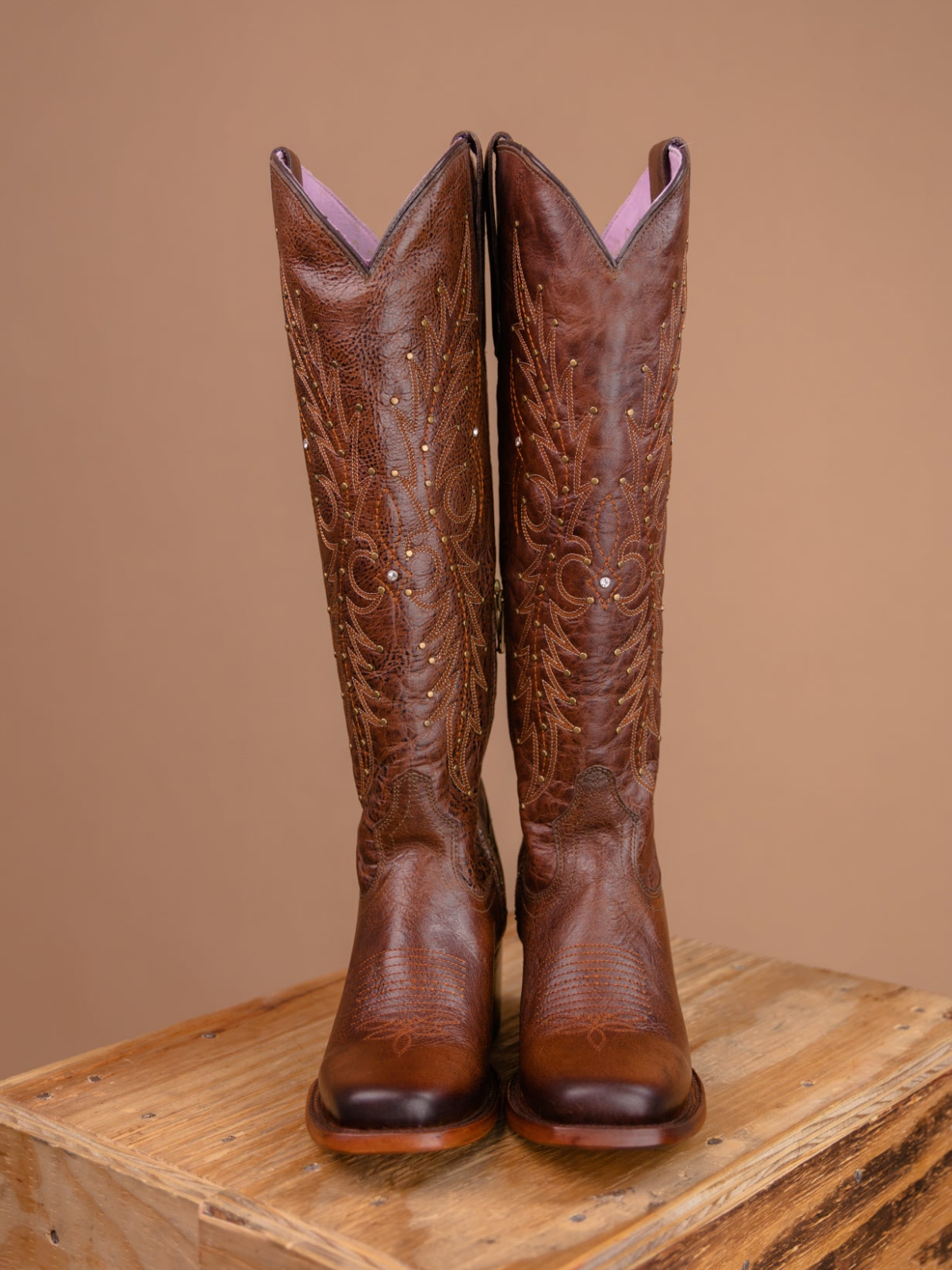 Studded Rhinestone Square-Toe Embroidery Half-Zip Tall Knee High Cowgirl Boots - Maroon