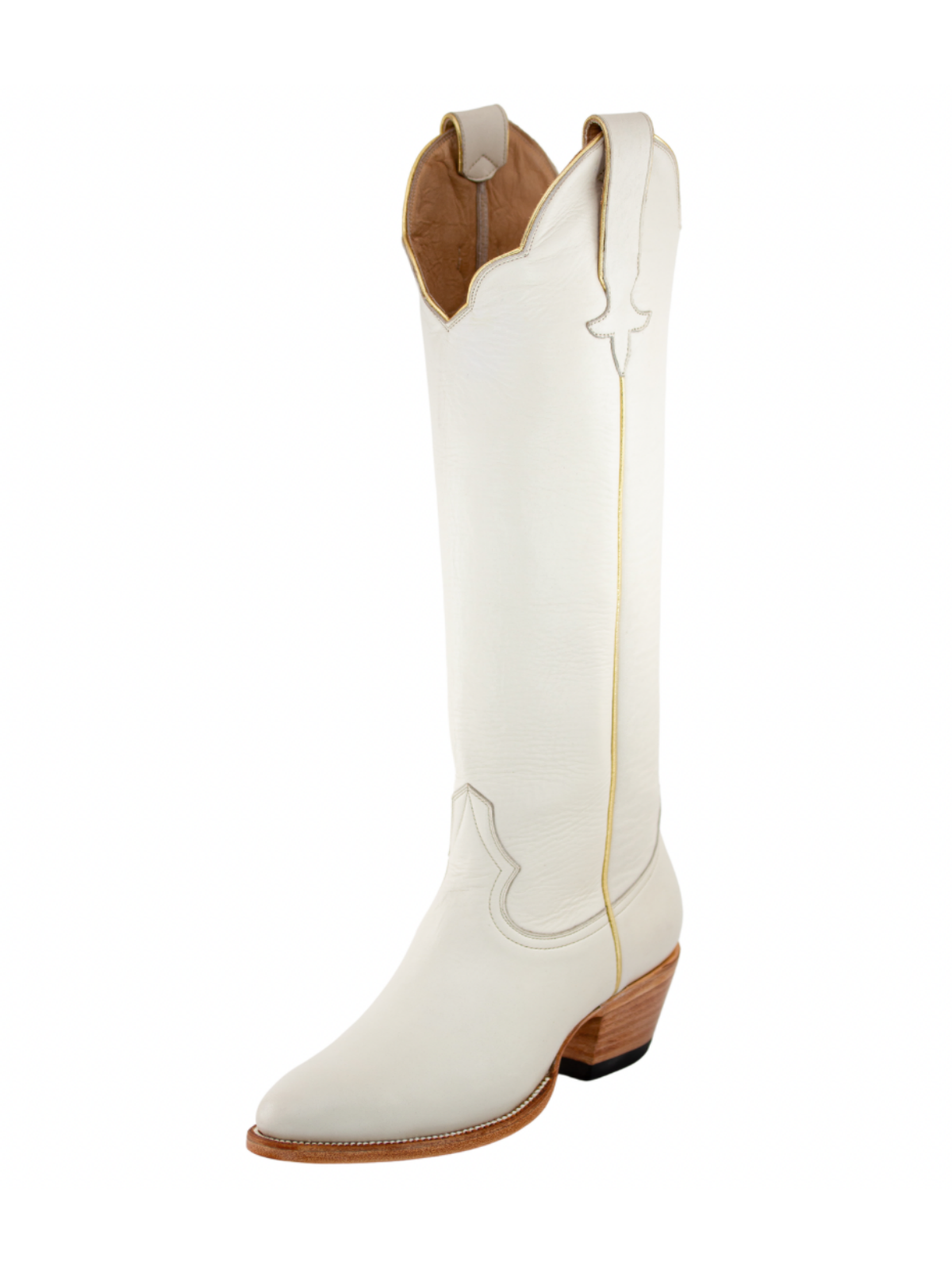 Simple Round-Toe Wide Calf Knee High Tall Cowgirl Boots - Bone