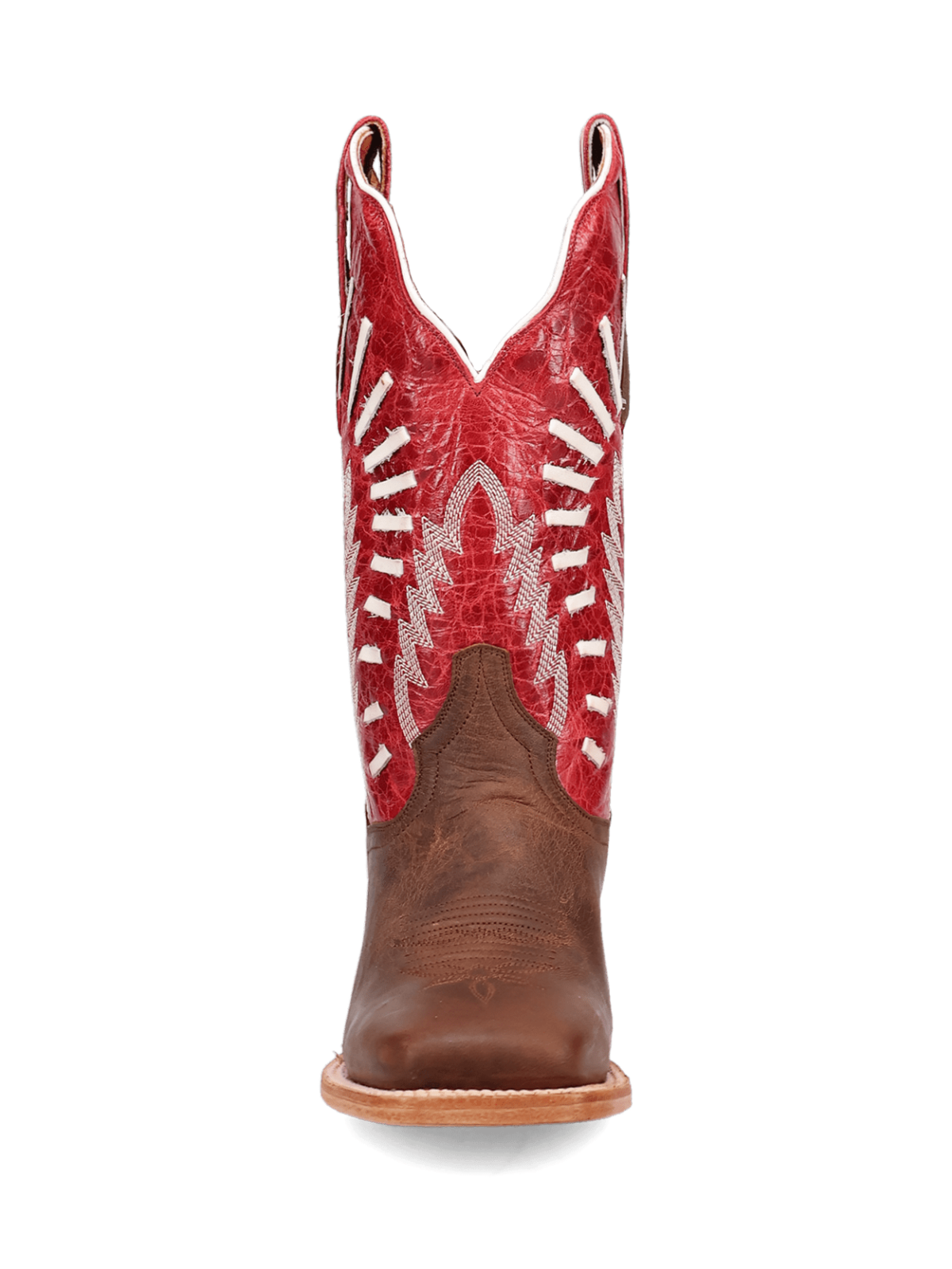 Contrast Brown And Distressed Red Square-Toe Embroidery And Running Stitch Wide Mid Calf Cowgirl Boots