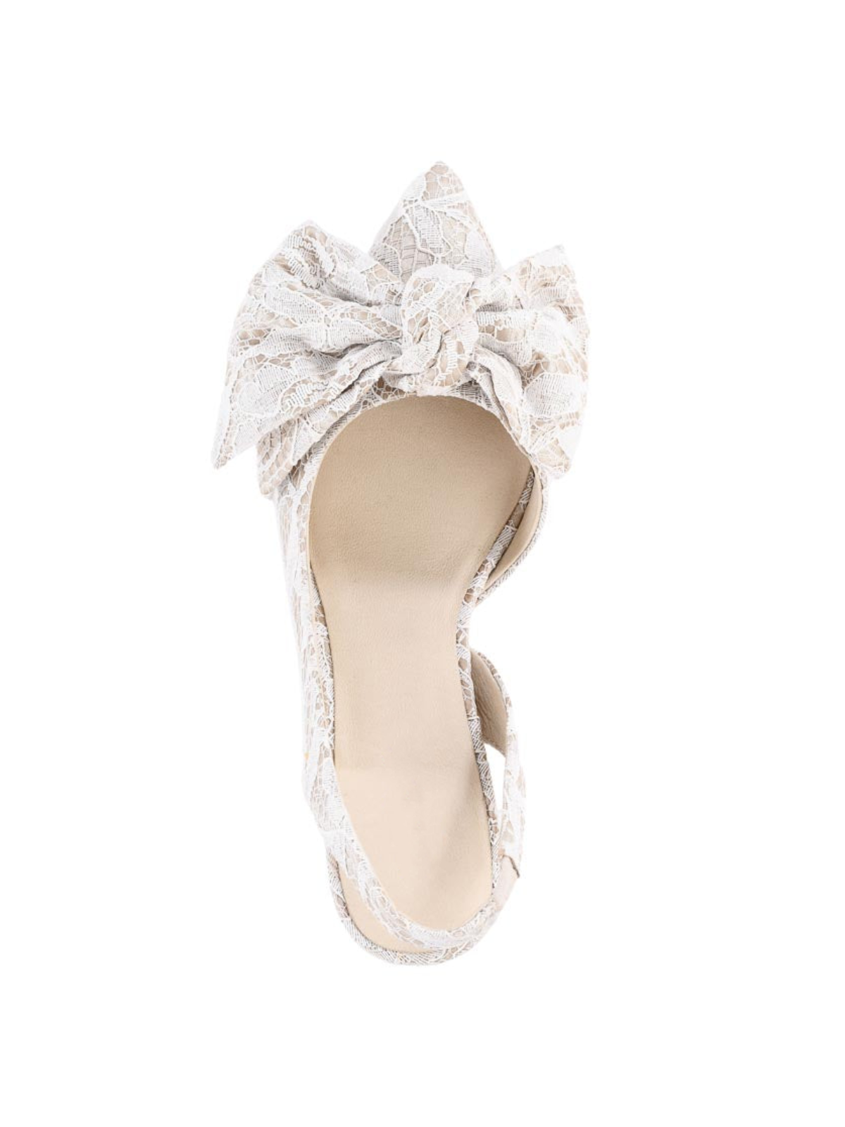 Ivory Satin And Lace Mesh Pointed-Toe Slingback Bow Pump Kitten Heels