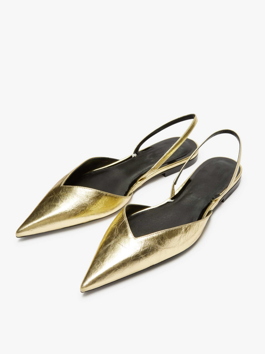 Metallic Gold Crinkle Pointy Comfy Slingback Flats