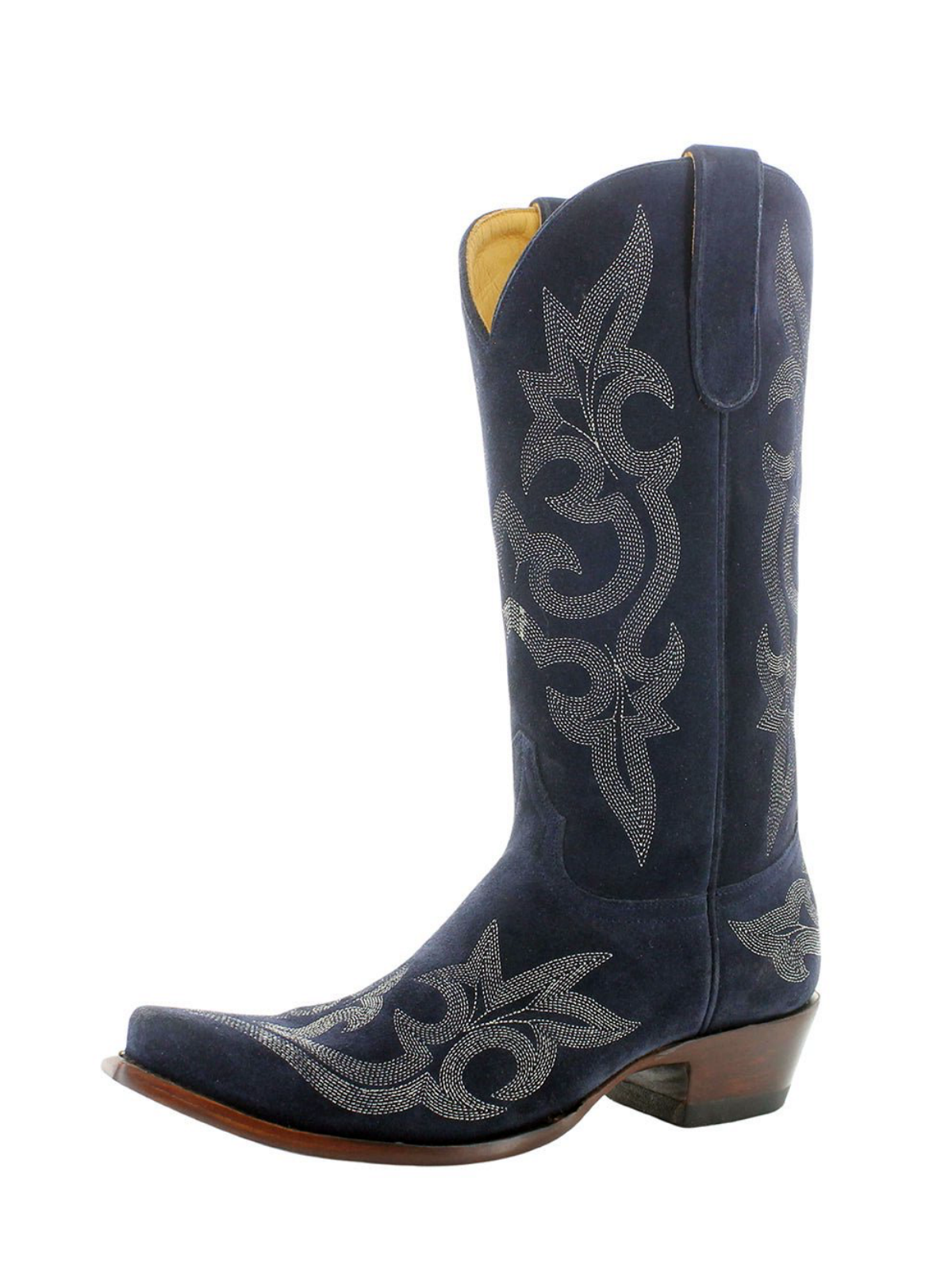 Indigo Faux Suede Snip-Toe Embroidery Wide Mid Calf Cowgirl Boots