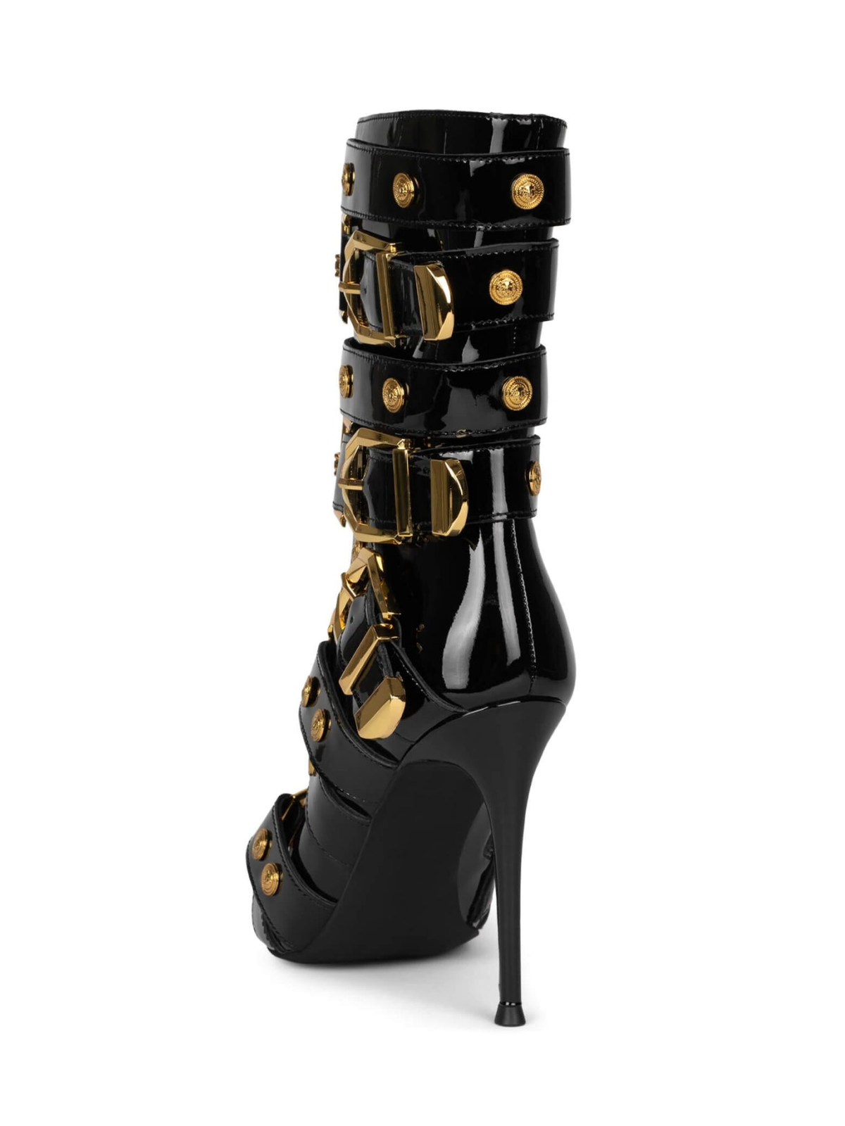 Patent Black Pointed-Toe Full-Zip Strappy Buckled Mid Calf Stiletto Boots With Gold Lion Emblems