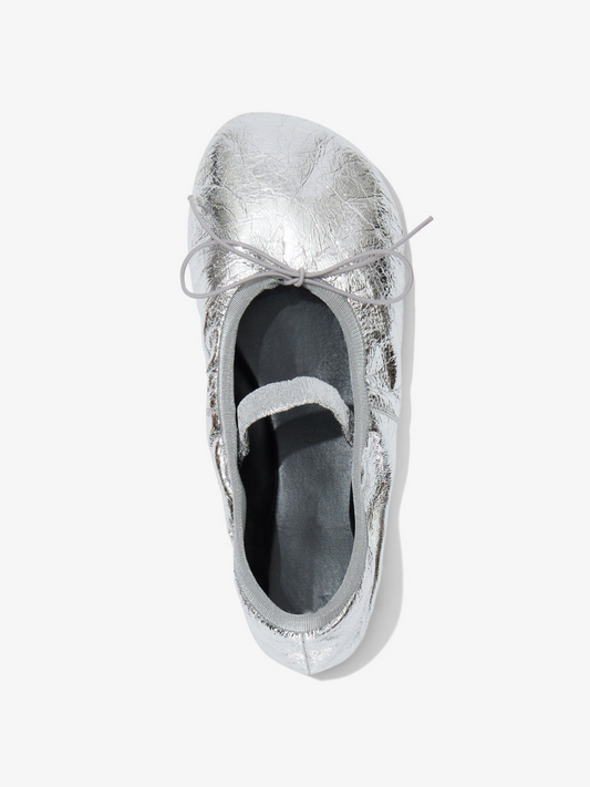 Crinkle Metallic Silver Super Cute Bow Ballet Flats Mary Janes