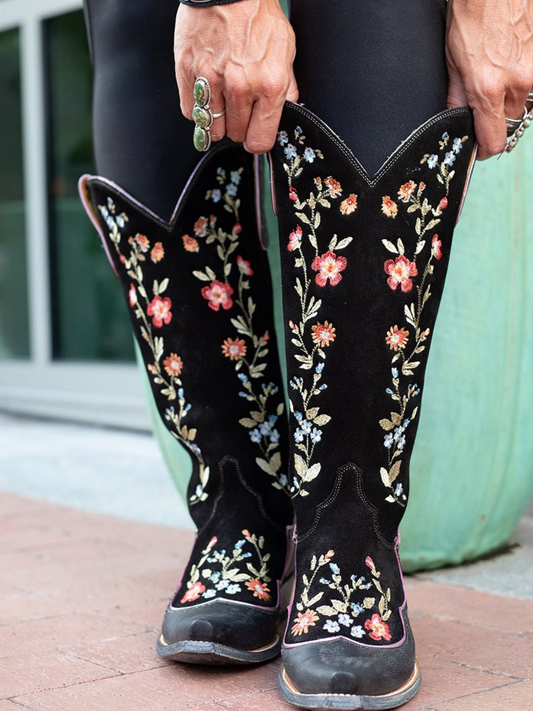 Black Contrast Vegan Leather And Faux Suede With Colorful Floral Embroidery Wide Mid Calf Cowgirl Boots