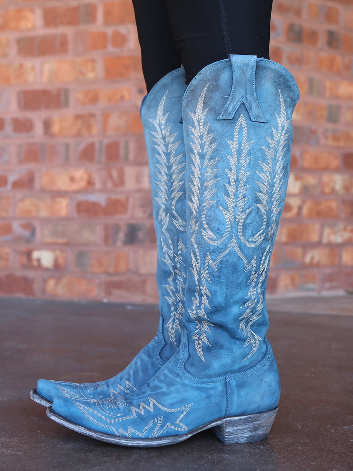 Distressed Blue Snip-Toe Half-Zip Embroidery Knee High Tall Cowgirl Boots