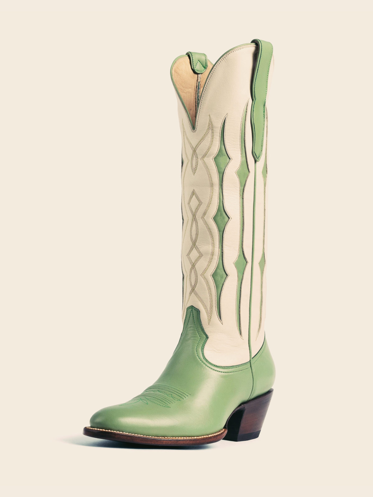 Green Contrast Inlay Stitch Almond-Toe Wide Mid Calf Western Cowgirl Boots