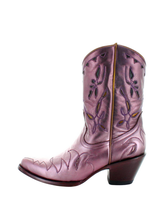 Metallic Almond-Toe Embroidery Inlay Wide Mid Calf Cowgirl Boots - Pink