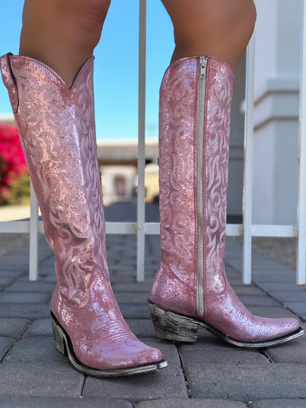 Distressed Metallic Round Pointed-Toe Embroidery Full-Zip Tall Knee High Cowgirl Boots - Pink