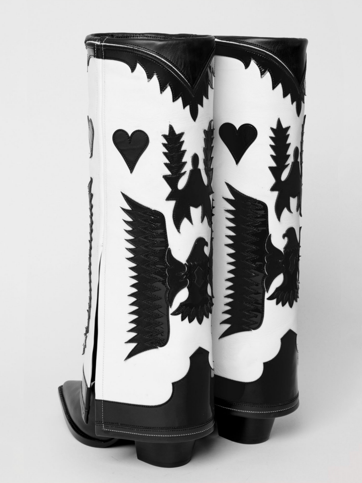 Fold-Over Panel Eagle And Heart Applique Snip-Toe Wide Mid Calf Boots - Black