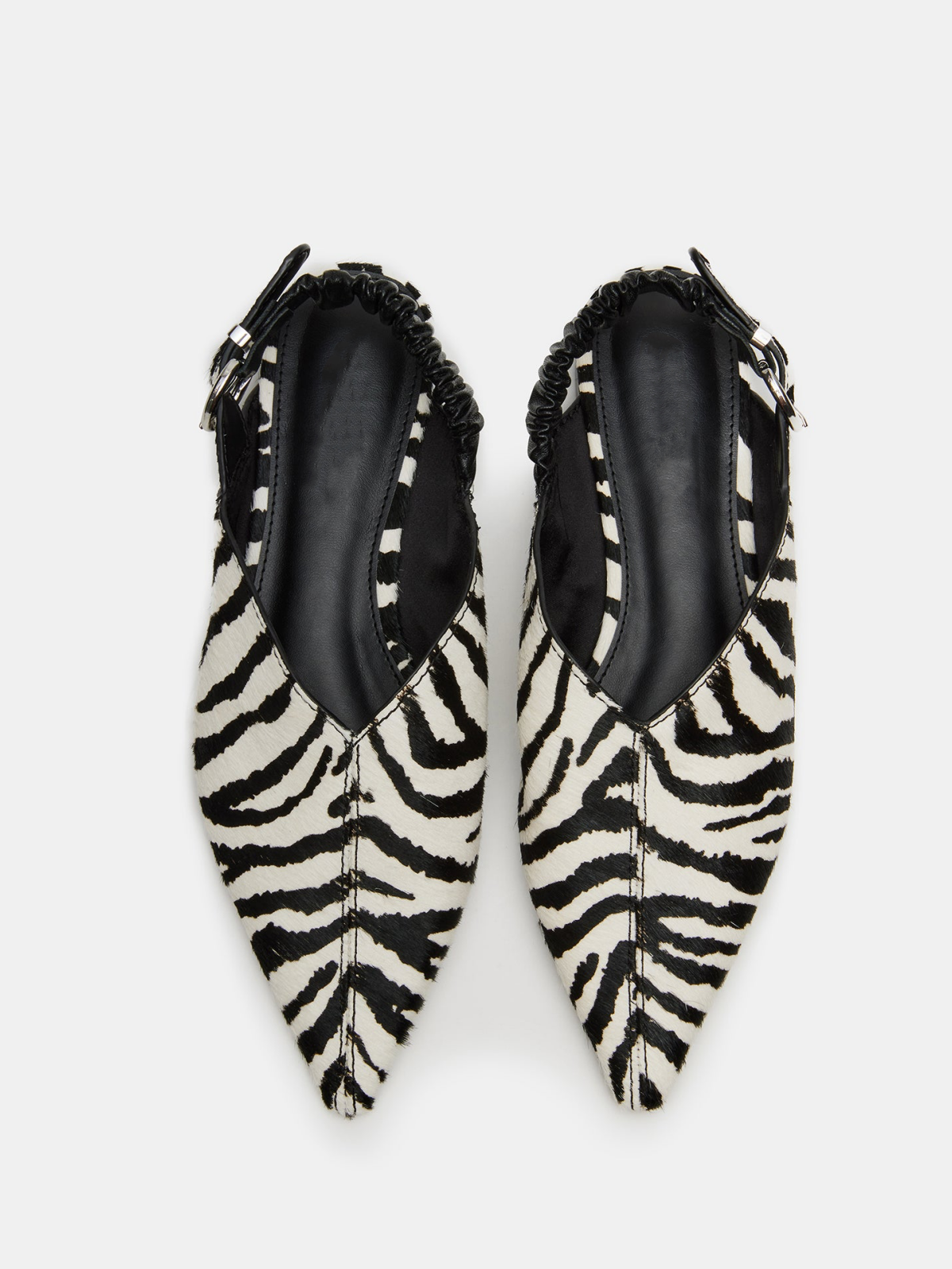 Zebra-Print Pony Hair Pointed-Toe Ruched Slingback Ballet Flats