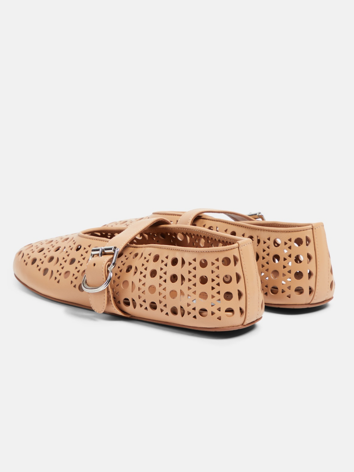 Beige Ballet Flats Mary Janes With Perforations And Buckled Strap