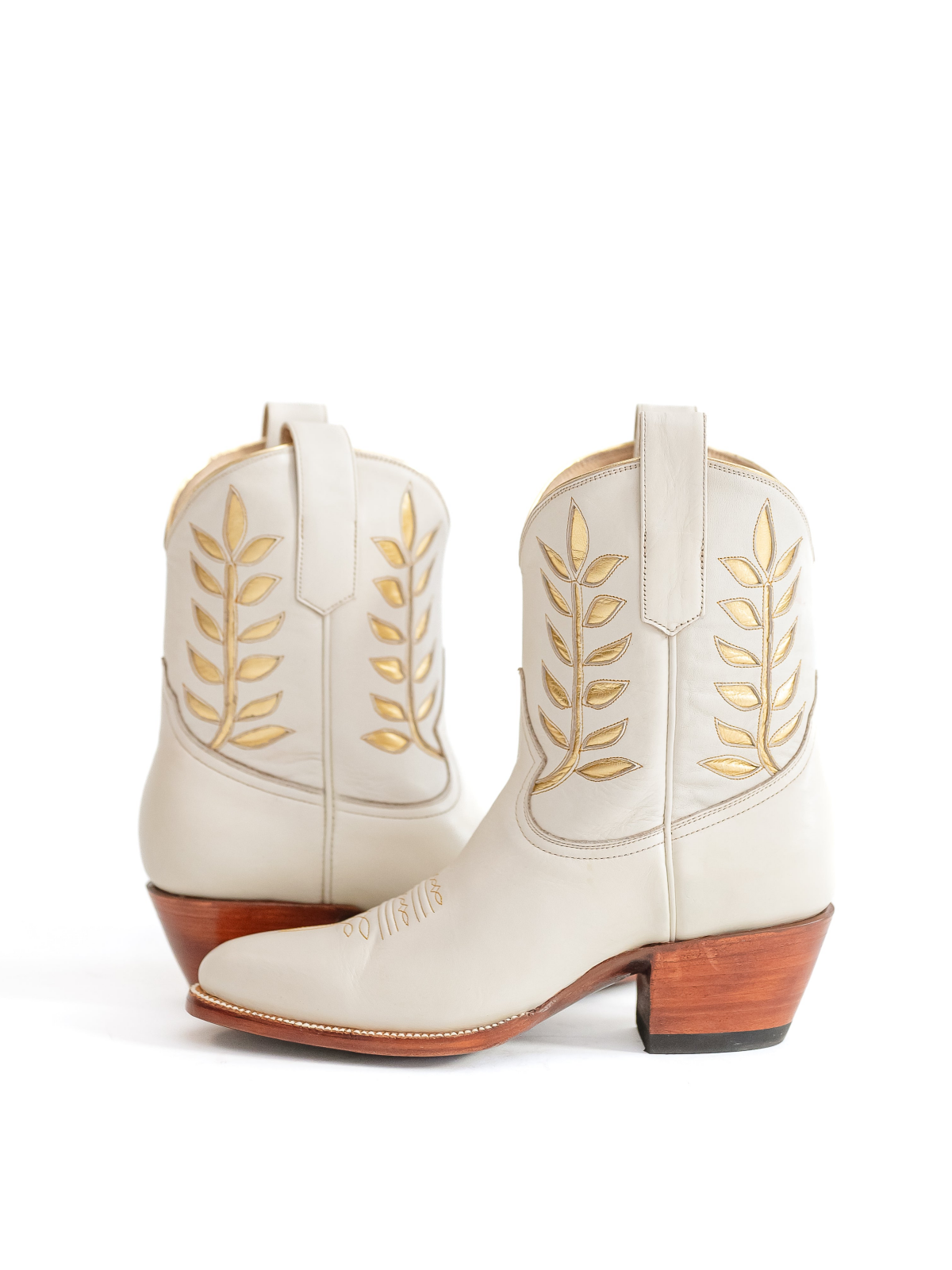 White Almond-Toe Metallic Gold Leaves Inlay Wide Mid Calf Cowgirl Boots