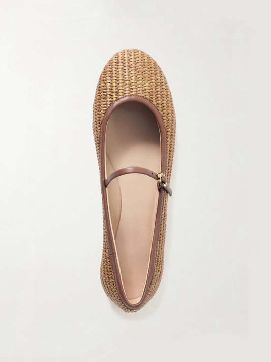 Tan Raffia Woven Ballet Flats Mary Janes With Buckled Strap