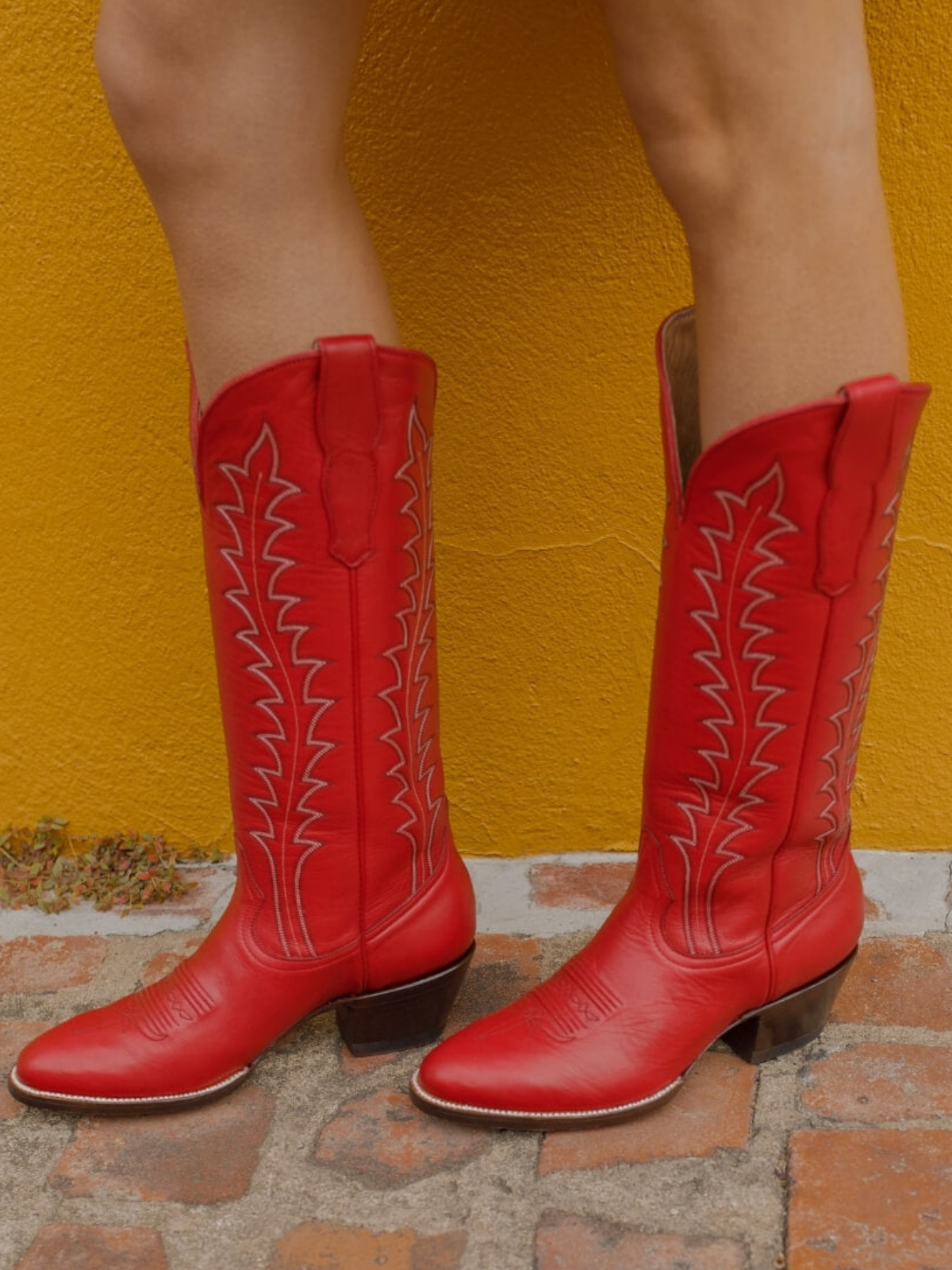 Red Vegan Leather Embroidery Almond-Toe Wide Mid Calf Tall Cowgirl Boots