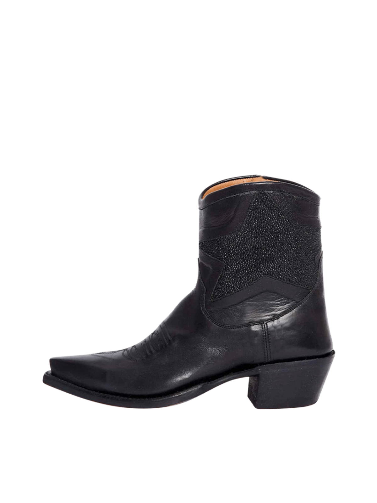 Black Snip-Toe Cowgirl Ankle Booties With Black Big Star Inlay