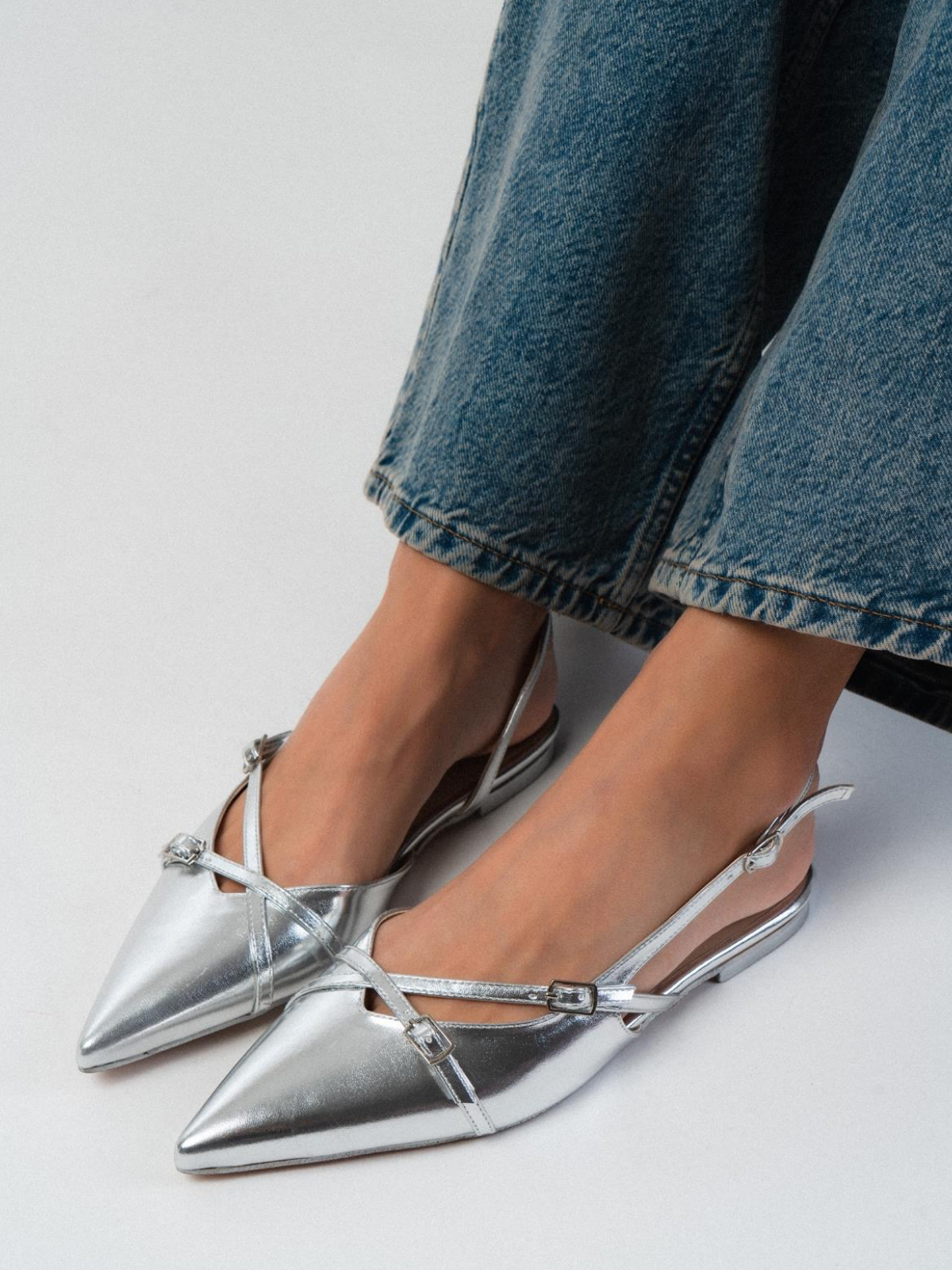 Metallic Silver Buckled Belt Detail Pointy Ballet Flats Slingbacks