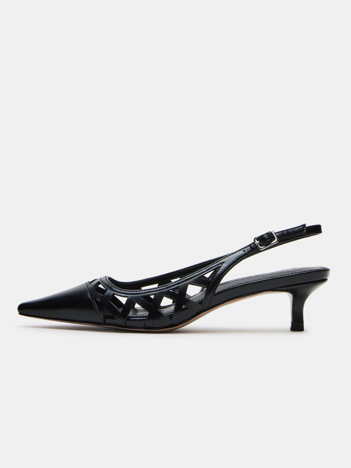 Black Patent Pointed-Toe Slingback Hallow Out Pump Kitten Heels