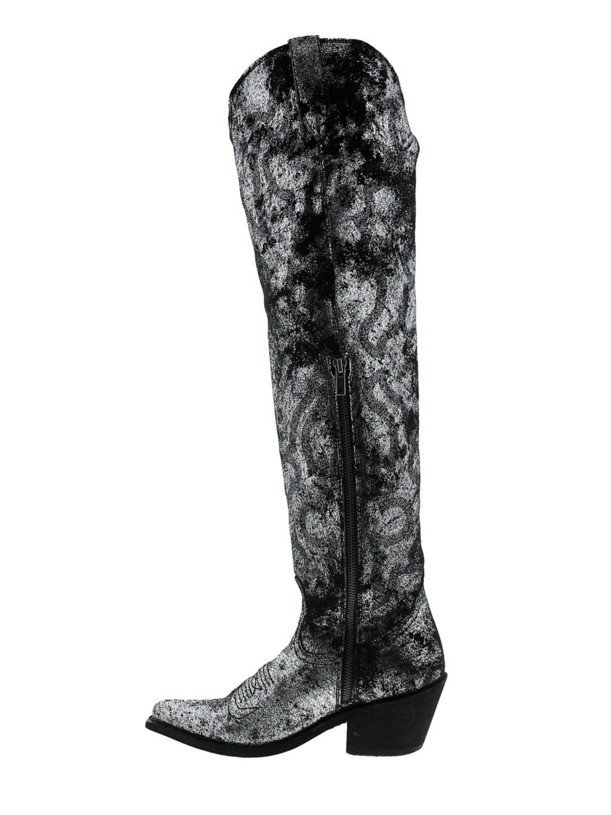 Metallic Crinkle Embroidery Pointed-Toe Half-Zip Over-The-Knee Cowgirl Boots - Black/Silver