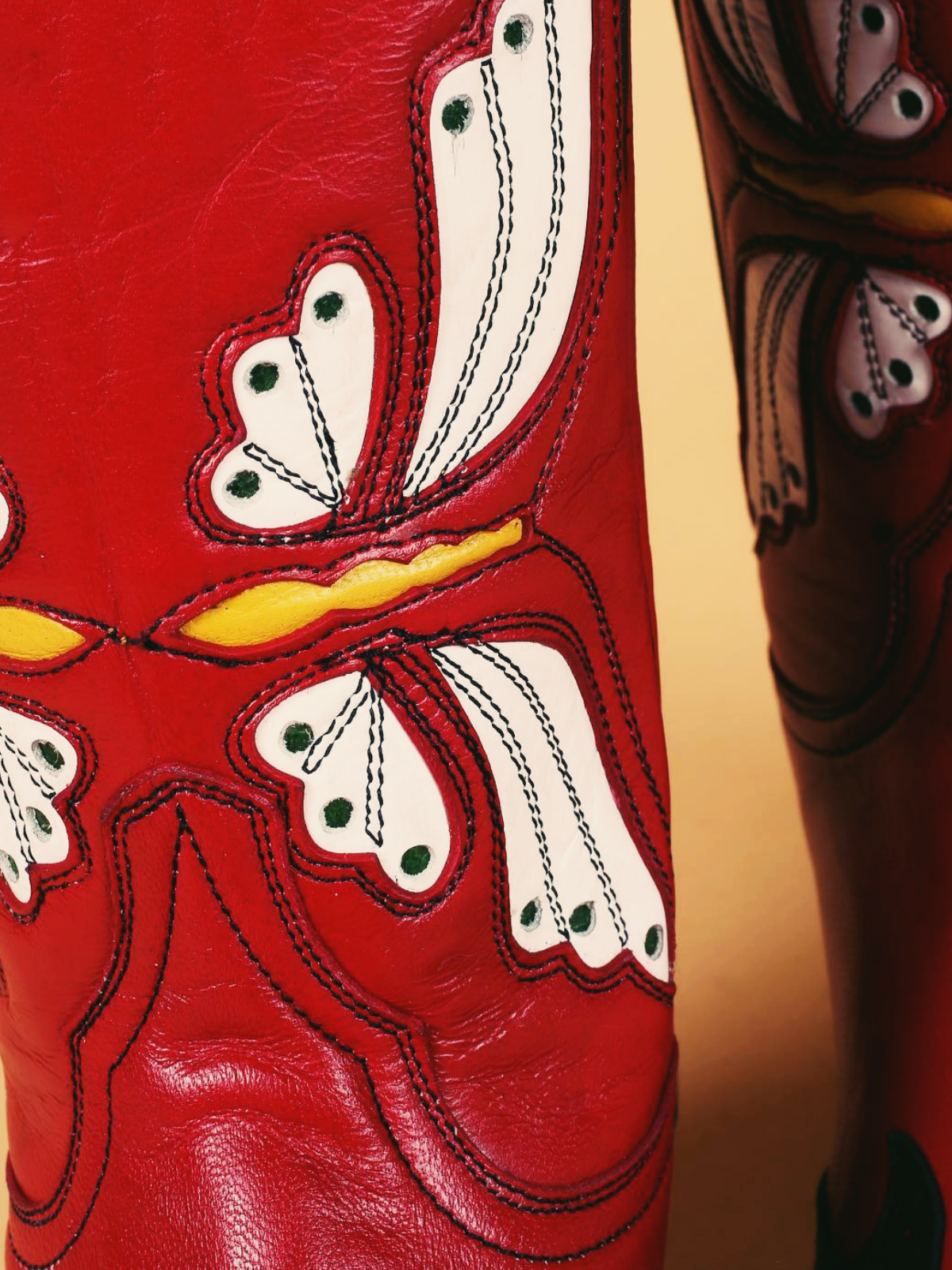 Red Snip-Toe Applique Wide Mid Calf Cowgirl Boots With White Butterfly Inlay