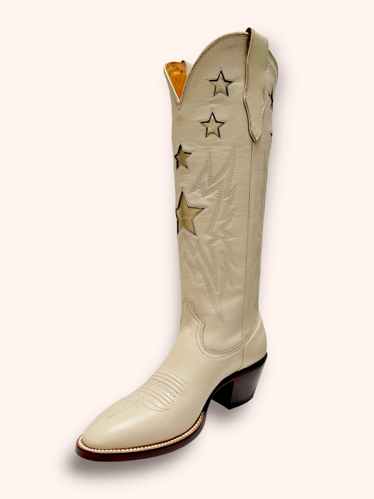 Metallic Star Inaly Embroidery Almond-Toe Wide Mid Calf Tall Cowgirl Boots - Bone