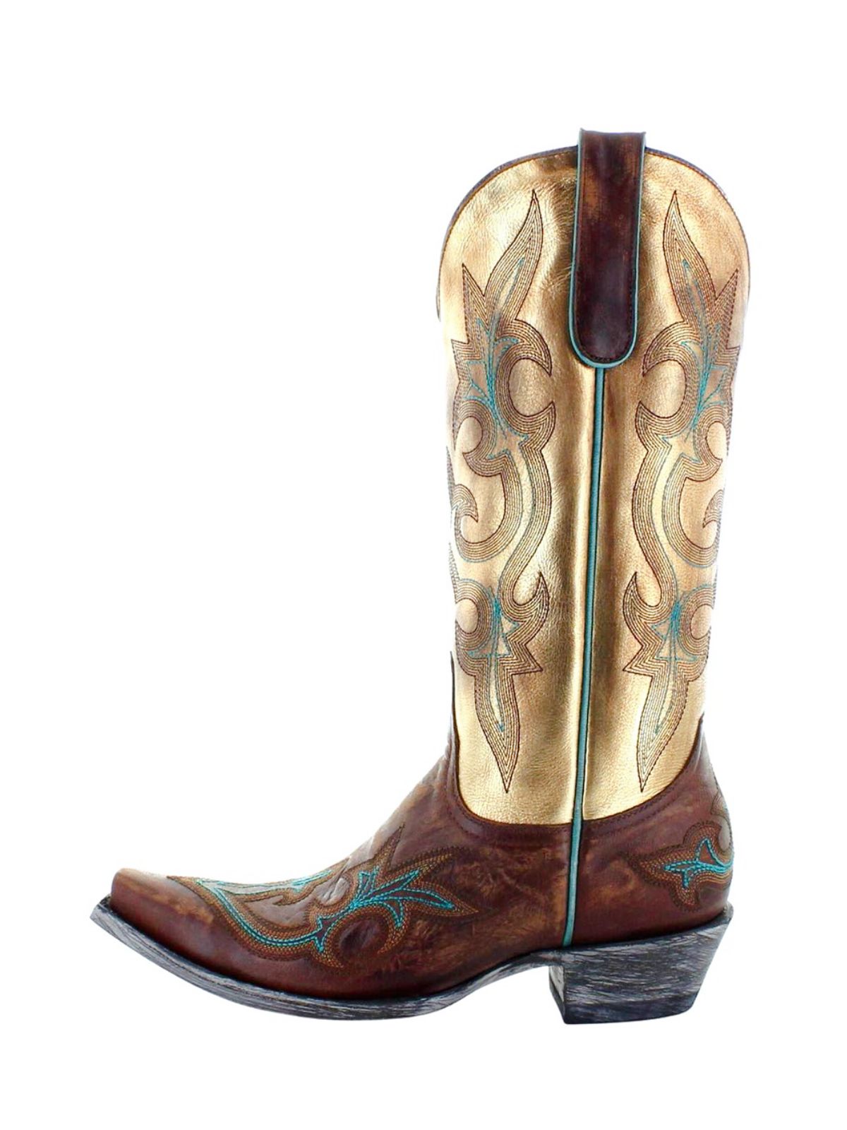 Contrast Distressed Brown And Metallic Gold Snip-Toe Embroidery Wide Mid Calf Tall Cowgirl Boots