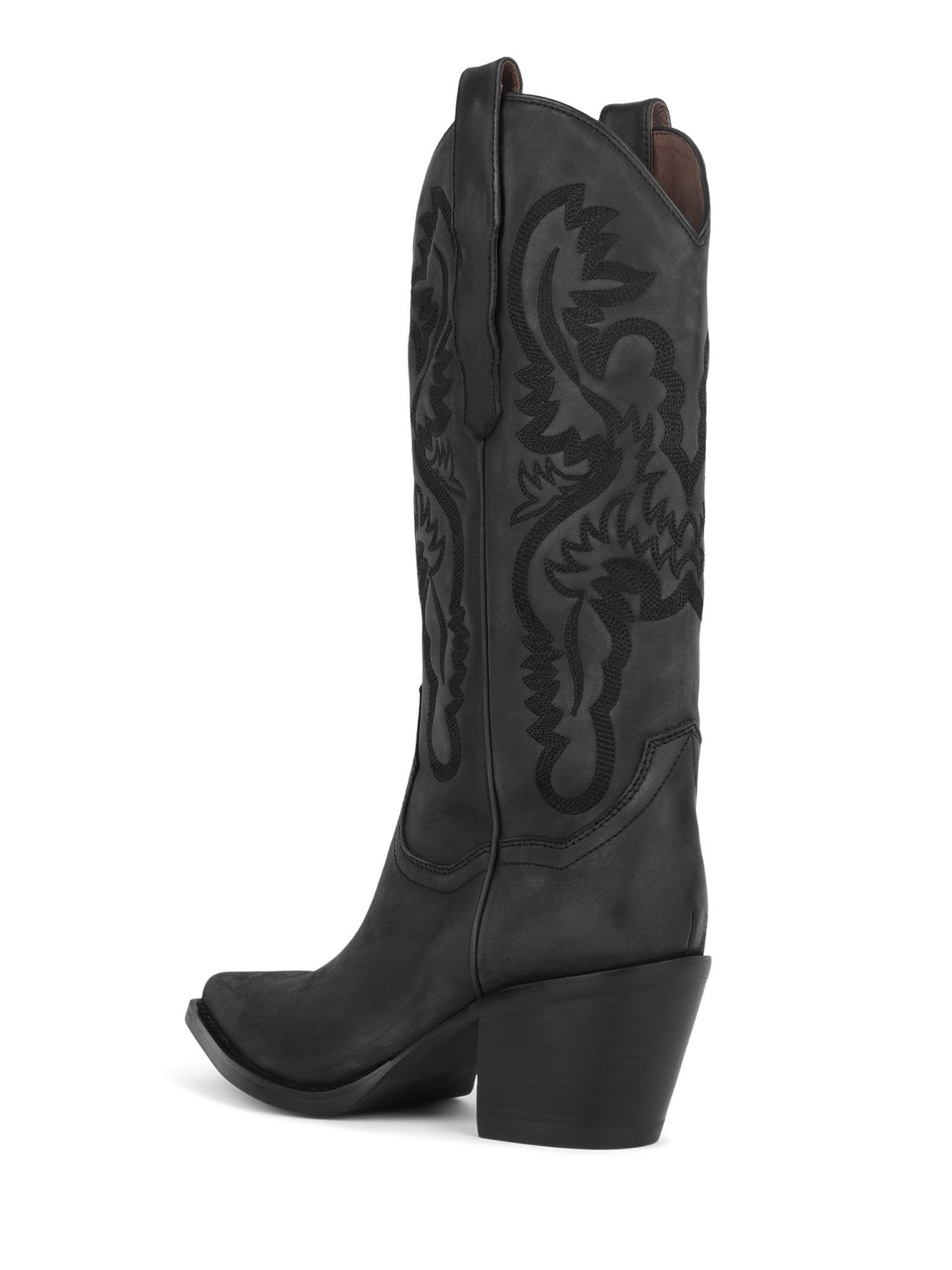 Black Snip-Toe Western Embroidery Wide Mid Calf Tall Cowgirl Boots