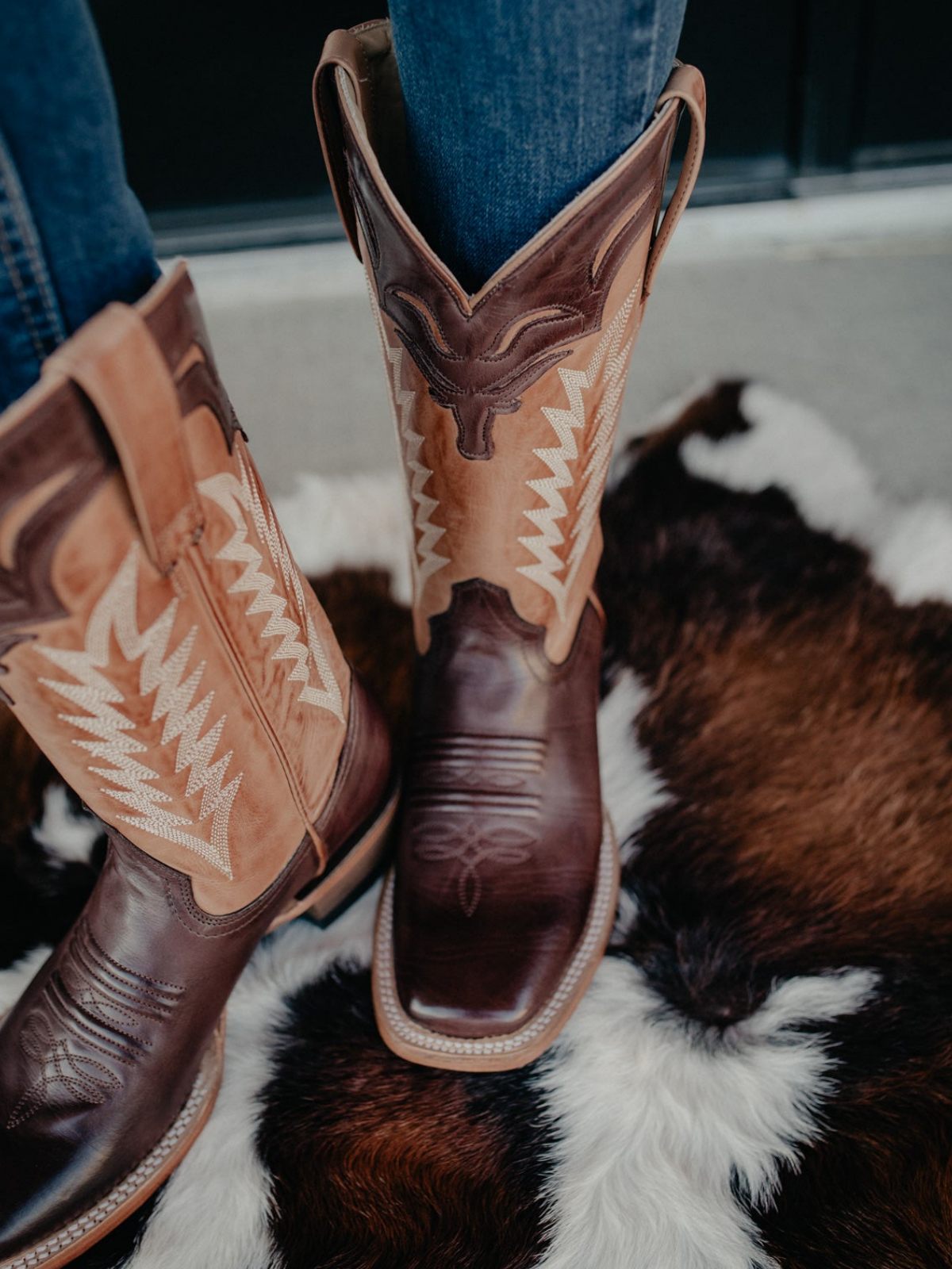 Contrast Tri-Color Square-Toe Embroidery Wide Mid Calf Cowgirl Boots