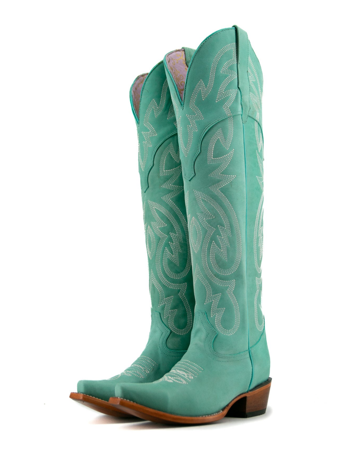 Green Snip-Toe Western Embroidery Half-Zip Knee High Cowgirl Boots