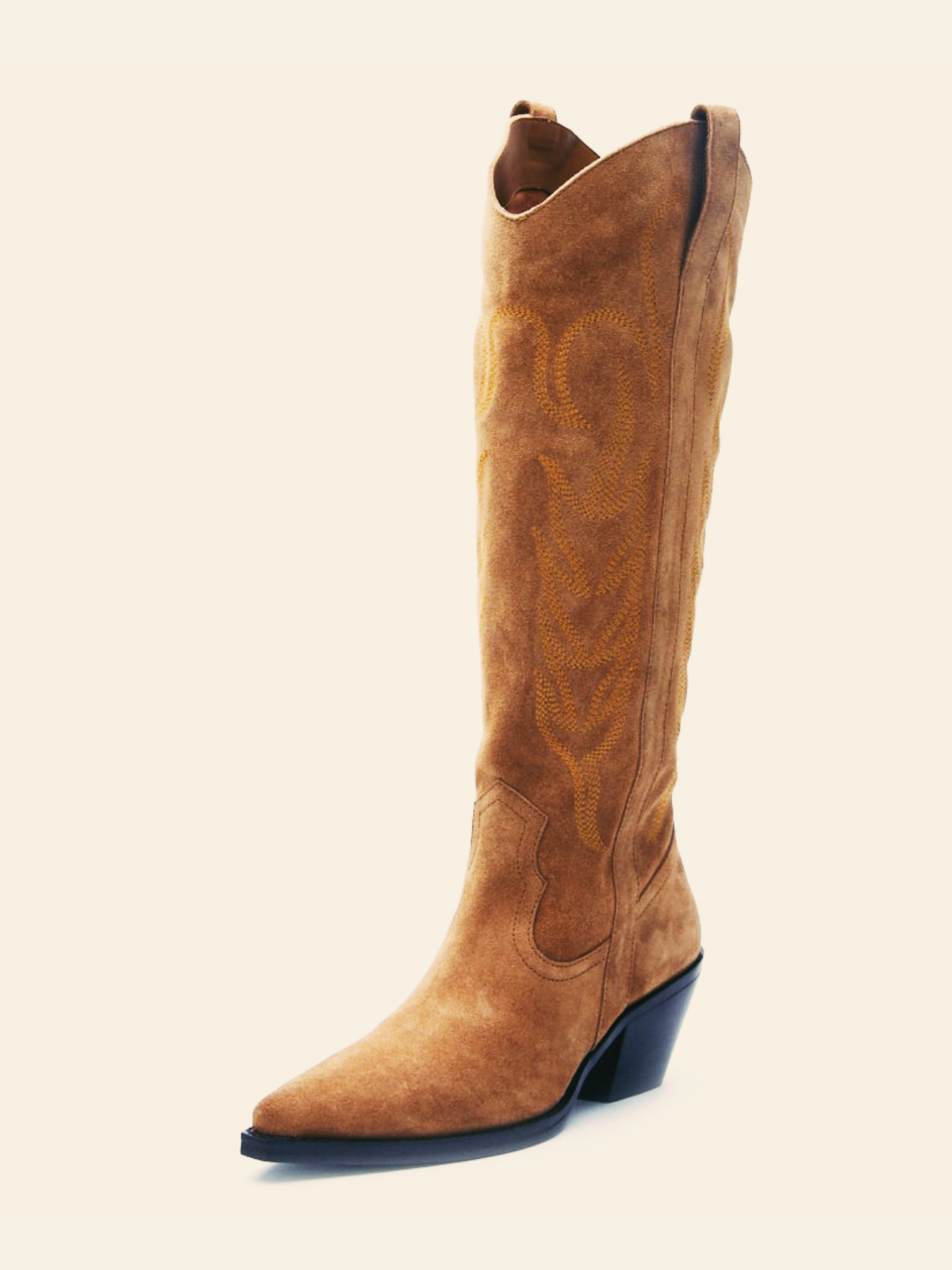 Tan Faux Suede Embroidery Half Zip Pointed-Toe Cowgirl Boots Mid Calf Western Tall Boots