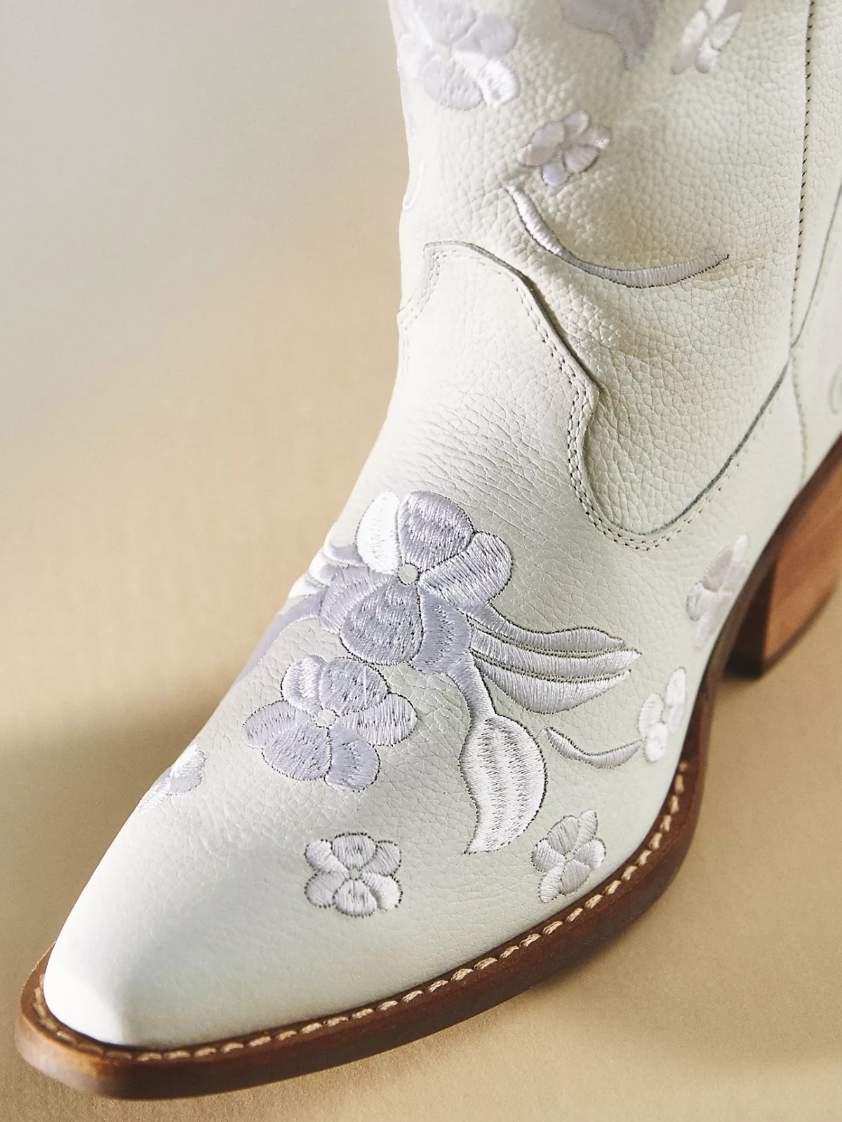 Ivory Snip-Toe Floral Embroidery Wide Mid Calf Western Boots For Women