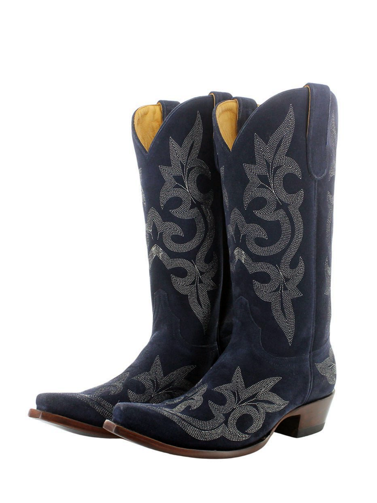 Indigo Faux Suede Snip-Toe Embroidery Wide Mid Calf Cowgirl Boots