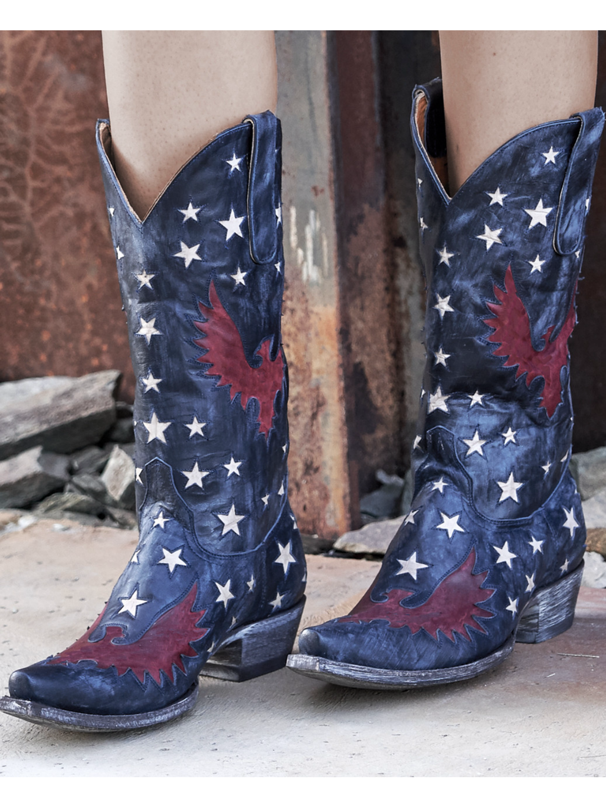 Navy Blue Snip-Toe Star And Eagle Inlay Wide Mid Calf Cowgirl Boots